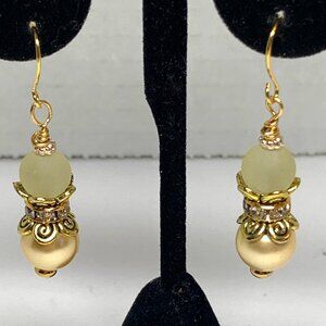 Artisan Gold Rhinestone Off White Sea Glass & Ivory Glass Pearl Drop Earring